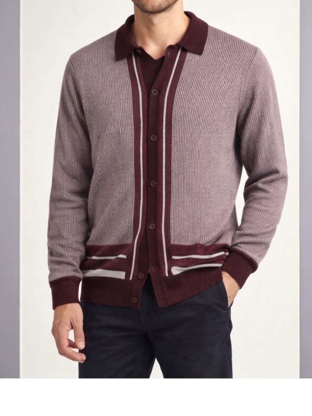 Report Collection Cashmere Touch‎ Textured Knit Cardigan Sweater Maroon - M
